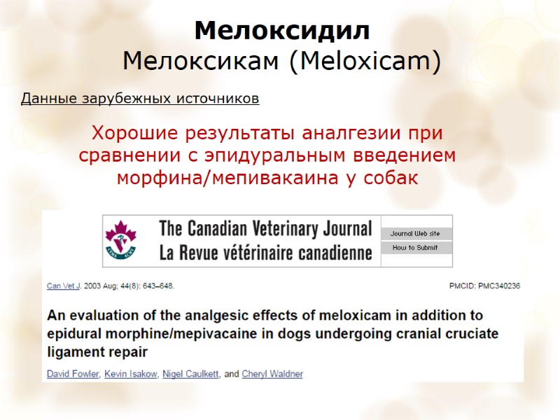 Мелоксидил Мелоксикам (Meloxicam) Данные зарубежных источников Хорошие результаты аналгезии при сравнении с эпидуральным введением